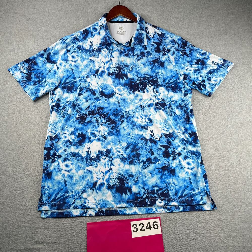 Scales Performance Fishing Polo Shirt Mens XL Blue Water Print Stretch Casual